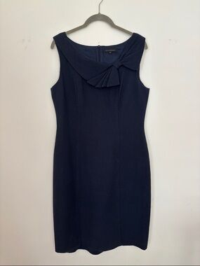 David Meister Navy Textured Sheath Dress with Folded Neck Detail